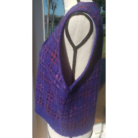 Vintage 90s LizSport Purple Plaid Mohair Button Up Academia Sweater Vest Sz L - Picture 5 of 14